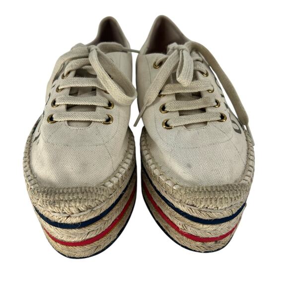 Gucci Cream Lace Up Canvas Logo Platform Espadrilles - Picture 5 of 16
